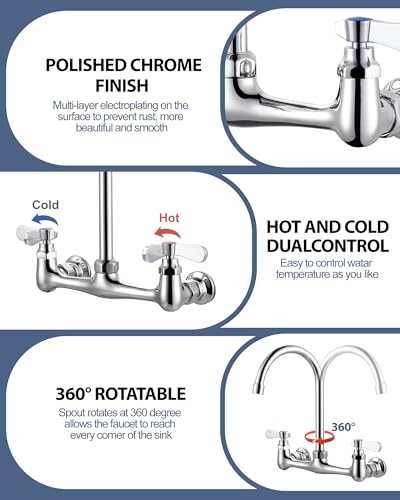iVIGA Commercial Sink Faucet with 6” Gooseneck Swivel Spout, 8" Center Wall Mount Kitchen Faucet, Dual Handles Brass Utility Sink Faucet for Laundry Room Restaurant Compartment Sink, Polish Chrome