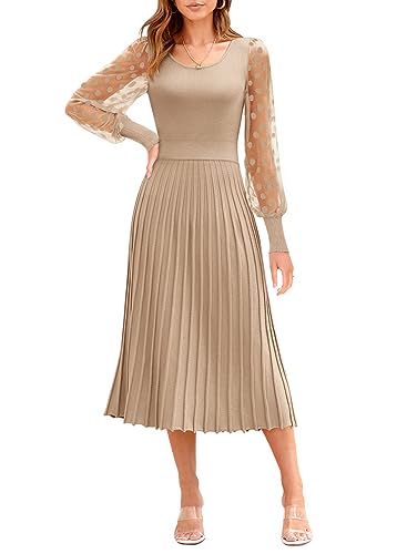 MIHOLL Long Sleeve Knit Dress for Women Lace Polka Dot Sleeve Dress Pleated Midi Dress(Carmel,Small)