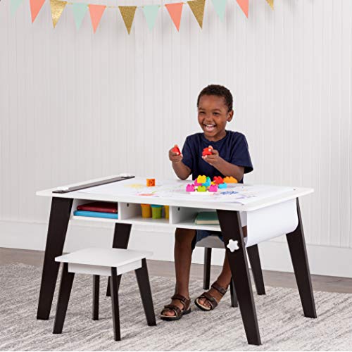 Wildkin Kids Arts and Crafts Table Set for Boys and Girls, Mid Century Modern Design Craft Table Includes Two Stools, Paper & Storage Cubbies Underneath Helps Keep Art Supplies Organized (Espresso)