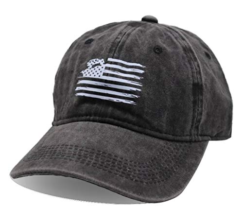 HHNLB Leather American Flag Trucker Hat, Adjustable USA Flag Car Baseball Cap Distressed Retro Washed for Men Women Black