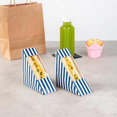 Restaurantware Cafe Vision 4.8 x 2.8 Inch Sandwich Paper Boxes 200 Medium Sandwich Wedge Boxes - With Window Disposable Kraft Paper Triangle Sandwich Containers Grease-Resistant Lining