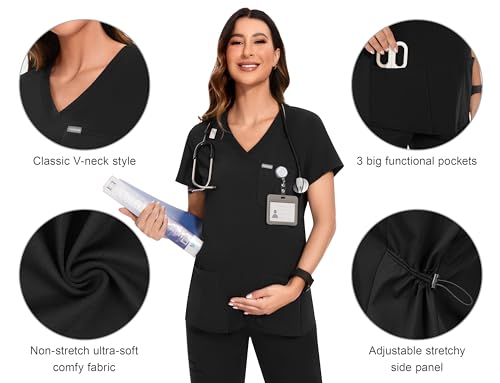 POSHGLAM Women's Maternity Scrubs Top Workwear V-Neck Medical Shirts Pregnancy Scrub Clothes(Black, Small)
