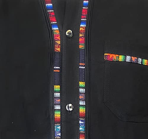POFF Men's Mexican Guayabera Shirt - 100% Cotton, Colorful Embroidery, Short Sleeve, Regular Fit, Black