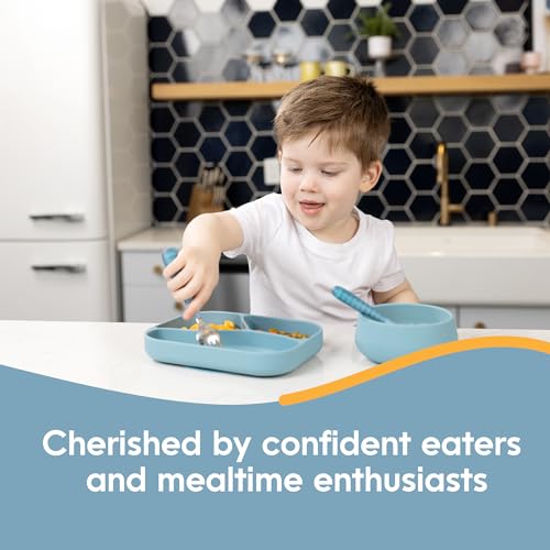 NumNum Toddler Utensils, Pre-Spoon, Fork & Spoon GOOtensils - 4th Stage Silverware Feeding Kids Aged 2+ Years w/Stainless Steel Heads - Silicone Food Feeding Supplies - Set of 2, Pacific Blue