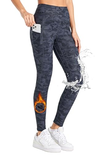 Willit Women's Fleece Lined Leggings Water Resistant Winter Pants Thermal High Waisted Yoga Hiking Running Tights Pockets Navy Blue S