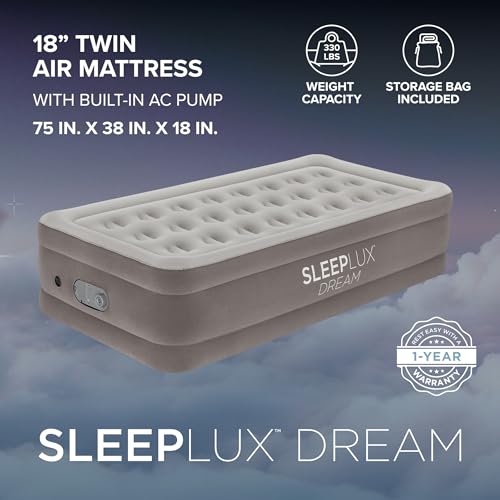 SLEEPLUX Dream Luxury 18" Twin Air Mattress with Built-in AlwayzAire Dual Pump, True-to-Size Raised Inflatable Mattress, Blow Up Bed with Ultra-Soft Flocked Top and Sides, 1-Year Warranty
