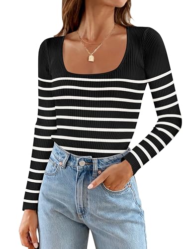 ZESICA Women's Ribbed Long Sleeve Sweater Square Neck Knit Tops 2024 Fall Casual Striped Pullover Black S