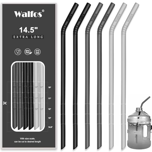 WALFOS Extra Long Reusable Silicone Straws 14.5 inch, Big Sizes Flexible Bendy Straws for 1/Half Gallon Large Water Bottles, 128 75 64 40 OZ Tumbler with Cleaning Brush (6-Pack)