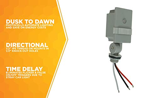 Woods 59411WD Outdoor Hardwired Stem and Swivel Light Control with Photocell; Compatible with Most Types of Bulbs; Swivel Mount for Adjustable Placement; Automatic Settings; Time Delay ; Grey