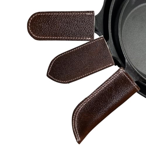 Set of 3 Leather Cast Iron Hot Handle Cover, Skillet Panhandle Grips, Frying Pan, Heat Protection, Kitchen Essentials,Panhandle, Potholder, Slides On/Off Easily Metal Skillet Grips Brown