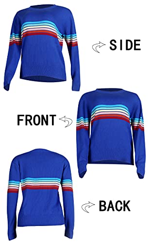 ECOWISH Women's Sweater Colorful Striped Sweaters Long Sleeve Crew Neck Casual Pullover Knit Blouse Tops 207 White Orange X-Large
