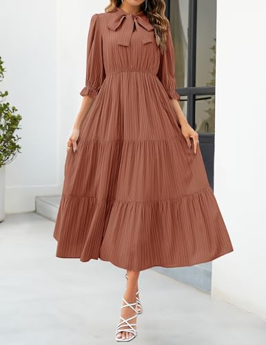 ZESICA Women's Casual Half Sleeve Tie V Neck Elastic High Waist Solid Color Flowy Tiered A Line Beach Party Maxi Dress,Apricot,Small