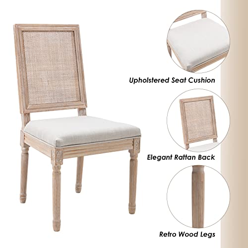 Guyou Black Farmhouse Dining Chairs Set of 6, Upholstered Dining Room Chairs with Rectangular Rattan Back French Country Accent Chair with Distressed Wood Frame for Kitchen Living Room (Beige)