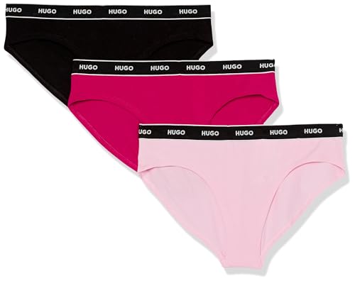 HUGO Womens 3-pack Repeat Logo Cotton Stretch Briefs Bikini Style Underwear, Sugar Plum Pink/Light Heather Purple/Red Flame, Small US