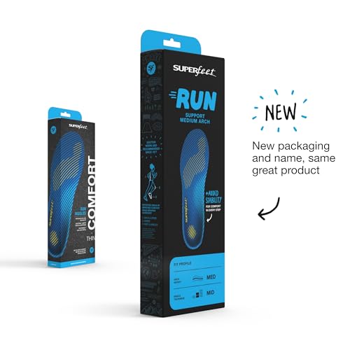 Superfeet RUN Comfort Thin Orthotic Insoles - Low to Medium Arch Support for Running Shoes - 2.5-5 Men / 4.5-6 Women