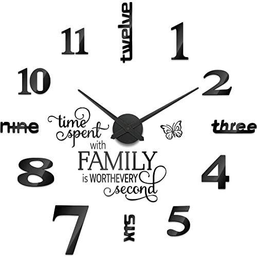 Junkin 3D Large Frameless DIY Wall Clock Modern Decor Family Quote Wall Stickers Clock Kit for Home Living Room Bedroom Office Decorations Adjustable Size(Black)