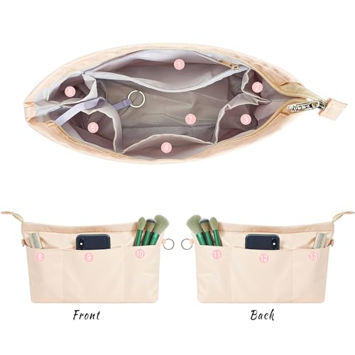 Vercord Premium Nylon Purse Organizer Tote Handbag Insert Organizers Bag in Bag Zipper 13 Pockets Beige Small