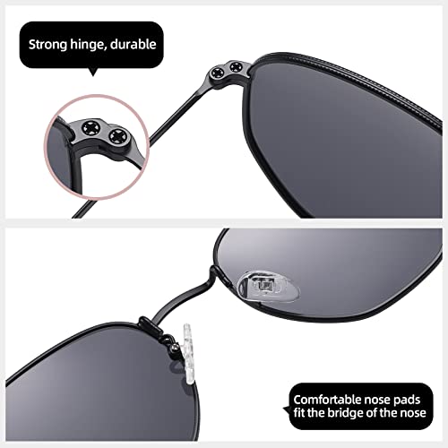 MEETSUN Polarized Hexagon Sunglasses for Women Men Polygon Square Sun Glasses UV400 Protection Metal Frame Black-Gray