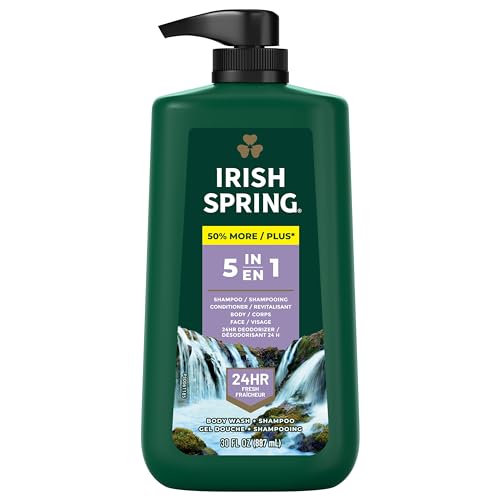Irish Spring 5 in 1 Body Wash for Men, Men's Body Wash, Smell Fresh and Clean for 24 Hours, Conditions and Cleans Body, Face, and Hair, Made with Biodegradable Ingredients, 30 Oz Pump (Pack of 2)