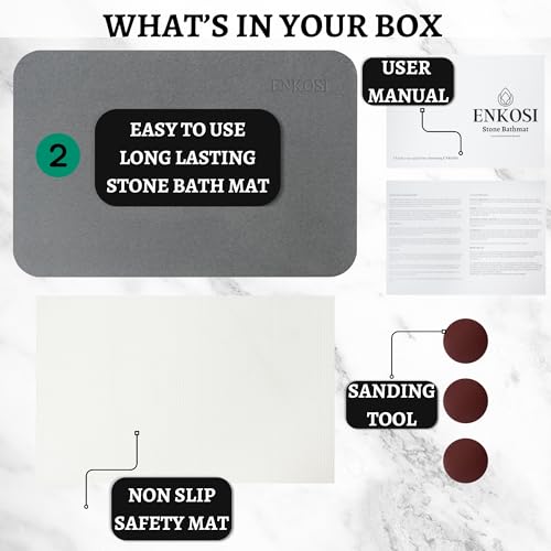 ENKOSI Stone Bath Mats for Bathroom - Fast Drying Diatomaceous Earth Shower Bath Mat - Absorbing Mats for Bathroom - Stone Bathroom Mat (23.5 x 15 Grey 2-Pack)