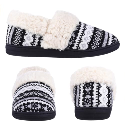 Evshine Women's Fuzzy Memory Foam Closed Back Slippers Knit Fleece Lined House Shoes for Indoor & Outdoor, Black, 36-37 (Size 5-6.5)