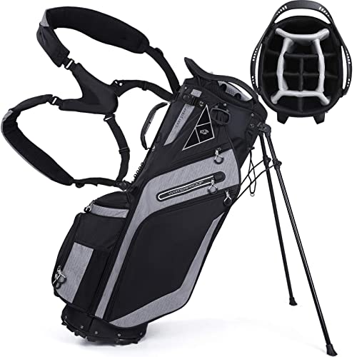 Golf Stand Bag 14 Way Top Dividers Ergonomic with Stand 8 Pockets,Lightweight Golf Bag for Men, Golf Bags with Stand,Dual Strap, Rain Hood (Black)
