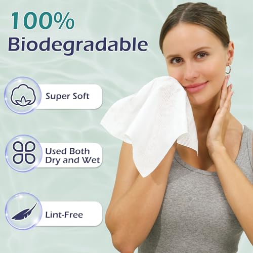 PureSoftness Disposable Face Towel, 100% Cotton, 80 Count, Extra Large 12" x 10", Soft Dry Wipe for Face Wash, Makeup Remover, Bio-Based Towelette for Sensitive Skin (1 Pack)