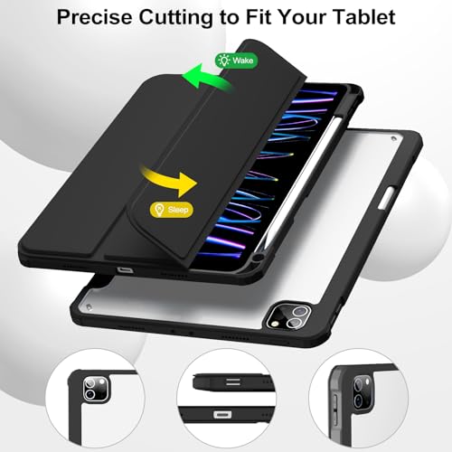 JKSML Case for iPad Pro 11, Case with Pencil Holder for iPad Pro 11 Inch 4th/3rd/2nd Generation 2022/2021/2020, Transparent Protective Case for iPad Pro 11, Supports Pencil 2 Charging, Black