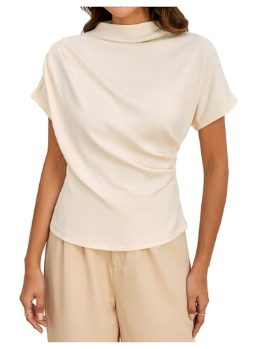 SweatyRocks Women's Casual Short Sleeve Mock Neck Tee Top Asymmetric Ruched Plain T Shirt Beige S