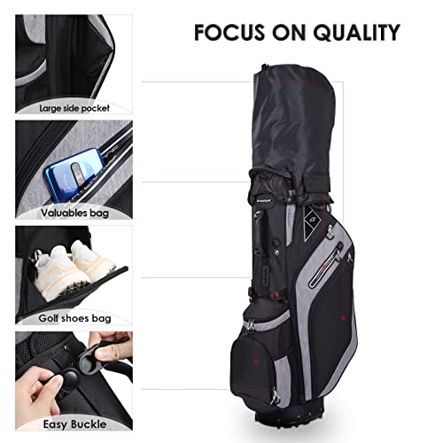 Golf Stand Bag 14 Way Top Dividers Ergonomic with Stand 8 Pockets,Lightweight Golf Bag for Men, Golf Bags with Stand,Dual Strap, Rain Hood (Black)