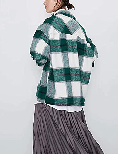 Lviefent Womens Casual Wool Blend Plaid Flannel Shackets Jacket Button Down Shirt Coat (Green, Small)