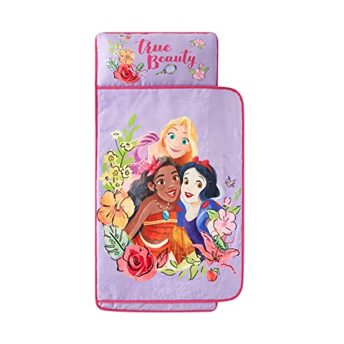 Disney Princess Toddler Quilted Nap Mat – Super Soft Plush Sleep Mat with Built-in Blanket & Pillow, 20" W x 46" L, Portable and Cozy for Daycare, Preschool, or Travel