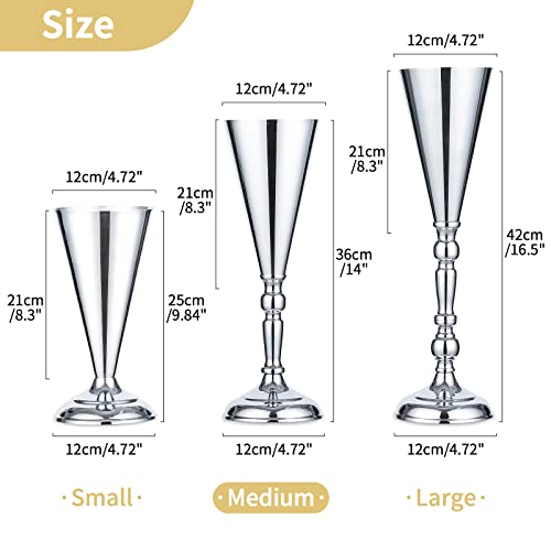 2 Pcs/ Set Tabletop Silver Metal Wedding Flower Trumpet Vase Table Decorative Centerpiece Artificial Flower Arrangements for Anniversary Ceremony Party Birthday Event Aisle Home Decoration