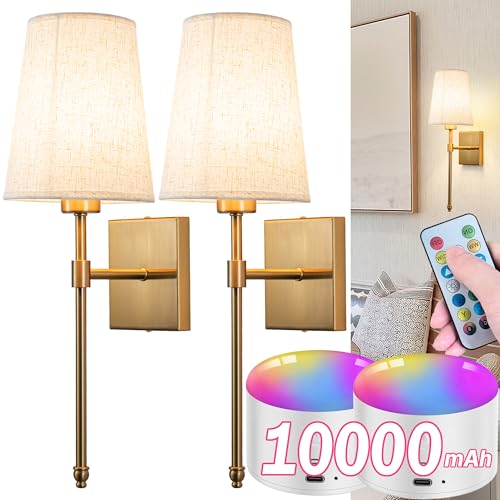Battery Operated Wall Sconce Light Set Of Two, Battery Operated Sconces Wall Lighting Indoor Wireless Wall Sconce With Remote Control, Dimmable Battery Wall Lamp With 3CCT Bulb For Bedroom Living Room