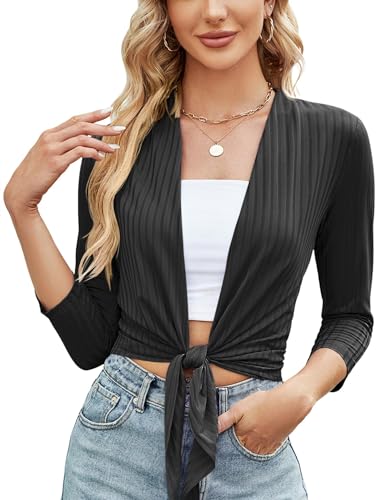 LOMON Womens Tie Front Bolero Shrug Summer 3/4 Sleeve Knit Sweater Lightweight Shawl Top Light Pink M