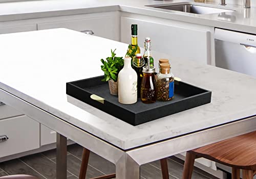HofferRuffer Faux Leather Decorative Serving Tray, Elegant Coffee Table Tray, Ottoman Tray, Breakfast, Drinks, Liquor Serving Platter, Black Shagreen Finish with Gold Hardware Handle (Square)