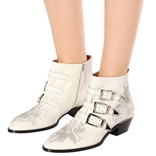 Comfity Boots for women, Women's Leather Booties Rivets Studded Shoes Metal Buckle Low Heels Ankle Boots White Silver 6 US