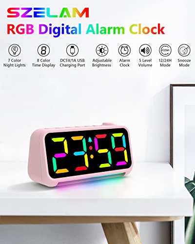 Digital Alarm Clock with LED Large Display USB Charger Port RGB Night Light - Small Desk Clocks for Kids Bedroom Decor Pink