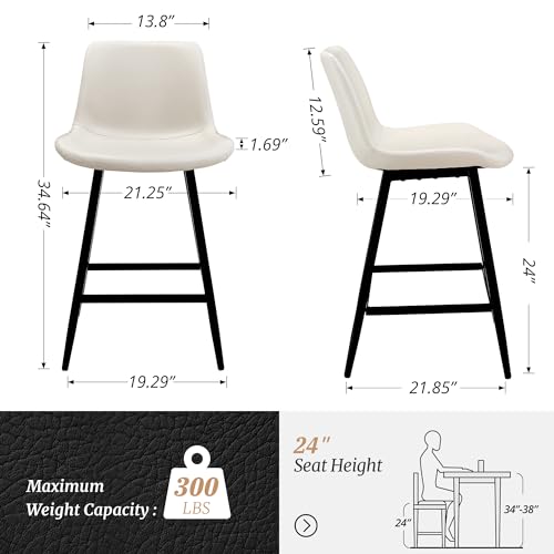 Cozyman 24 inch Counter Stool, Modern Bucket Barstool Set of 4, Barstools with Back and Footrest, Faux Leather Bar Stools for Kitchen Island Restaurants, Antique White