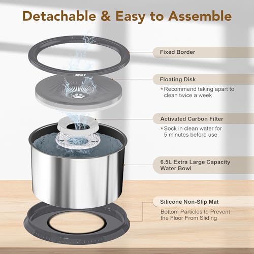 UPSKY 6.5L Dog Water Bowl,1.6 Gallon Super Large Capacity No Spill Dog Water Bowl,Stainless Steel Spill Proof Slow Water Feeder,No Splash Water Bowl with Anti-Slip Mat for Messy Drinkers Grey