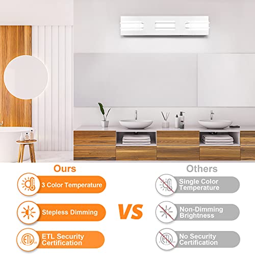 3 Color Temperature Dimmable Bathroom Light Fixtures over Mirror, LED Chrome 3 Light Vanity Lighting Fixtures, Acrylic Stainless Steel Square Shade Vanity Lights for Bathroom, ETL Certificated