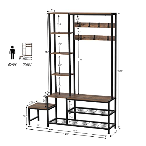 Espelism Hall Tree with Shoe Storage Bench Coat Rack with 7 Hooks Interchangeable 4 Tier Side Storage Shelves Small Cute Side Bench Industrial 5-in-1 Entryway Coat Rack for Hallway Mudroom Bedroom