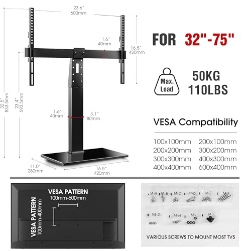 Universal Swivel TV Stand Base - Table Top TV Stand for 32 to 70 75 Inch TVs, Height Adjustable TV Mount Stand with Tempered Glass Base for Living Room, Bedroom, Holds up to 110lbs, Max VESA 600x400mm