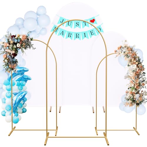 MYSWEETY Set of 3 Metal Arch Backdrop Stand and Cover Set, 4FT/5FT/6FT Wedding Arch Frame, Gold Arch Stand for Birthday, Party, Baby Shower, Ceremony Decor(White)