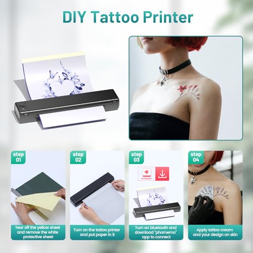 Ponek Tattoo Stencil Printer, M08F Tattoo Printer Bluetooth for Phone & PC, Stencil Printer for Tattooing, Tattoo Thermal Printer, Wireless Tattoo Machine Kit with 10pcs A4 Transfer Paper