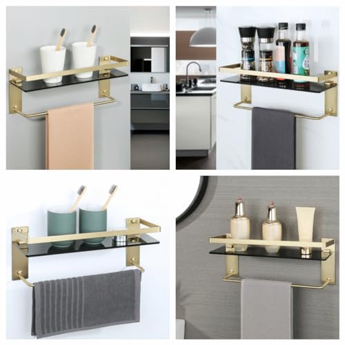 Alise Bathroom Shelves Glass Shelf with Bar,Wall Mount Floating Shelves for Bathroom,1 Tier Tempered Glass Holder Storage Organizer,SUS304 Stainless Steel Gold and Black GDL2001-GB