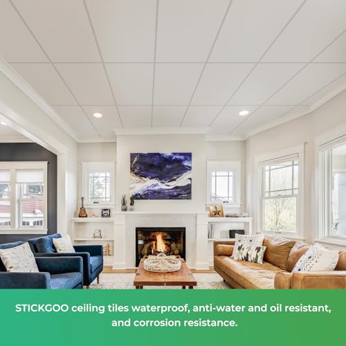 STICKGOO Drop Ceiling Tiles 2ft x 4ft, White PVC Ceiling Panels, Soomth Ceiling Tiles 24 x 48in, Waterproof - Fire-Rated to Prevent Breakage Cover 80 Sq. Ft, Pack of 10 Tiles
