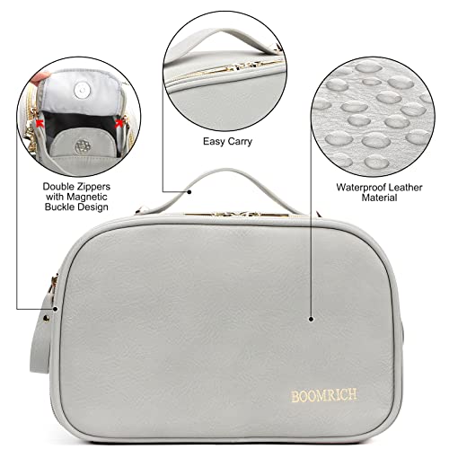 BOOMRICH Travel Makeup Bag, Cosmetic Bag, Toiletry Bag for Women, Water-Resistant Leather Toiletry Organizer, Large Dopp Kit for Toiletries Accessories, Blue Grey