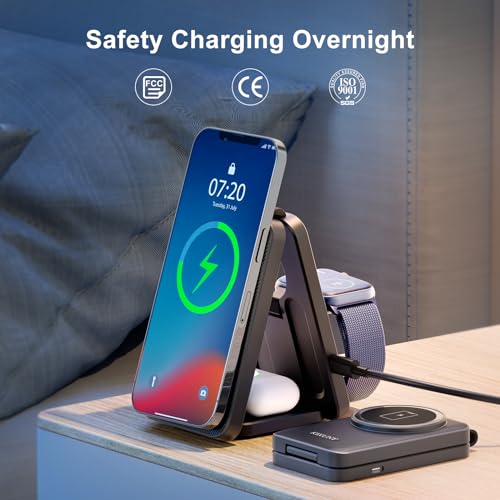 3 in 1 Wireless Charging Station for Magsafe Charger Stand, KIXUNY Wireless Charger 3 in 1, Foldable Travel Charger 3 in 1 for iPhone15/14/13/12 and Apple Watch/AirPods/(Adapter Included)