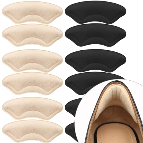 Comfowner 6 Pairs Heel Cushion Pads for Shoes Too Big, Shoe Grips Liners Heel Protectors for Loose Shoes, Heel Pain, Blisters and Rubbing, Anti Slip Shoe Filler Make Shoes Fit Tighter, Beige/Black